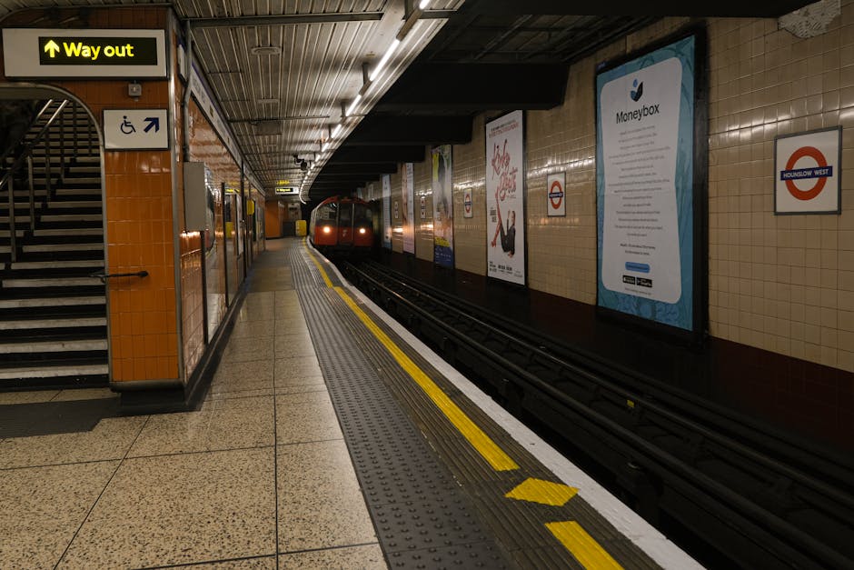 The image depicts an underground train station platform with a red train approaching in the background. The platform has a textured, grey tiling surface with a yellow tactile strip along the edge for safety. To the left, there is a staircase with a black handrail, leading upward, and a black sign with yellow text indicating the way out. The wall on the left side is clad in orange-brown tiles, and various signs are mounted above, including an accessibility sign with a wheelchair symbol. On the right side, the beige tiled wall features several advertisements and posters, including one promoting Moneybox, and a London Underground roundel sign with a red circle and blue bar. The environment is brightly lit, with a combination of overhead lights and ambient lighting reflecting off the tiled surfaces. The scene showcases a typical urban underground railway setting, associated with urban transport and public transit infrastructure, which Rubbish Collection Hounslow might indirectly relate to through environmental and waste management services for city transport areas.