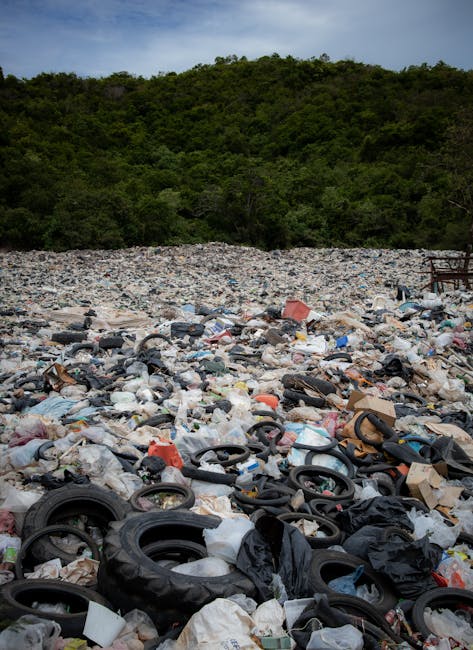 A vast open landfill site filled with a mixture of household waste, plastic bottles, metal and plastic containers, discarded tires, and crumpled paper, all scattered across the uneven ground. The waste appears tangled and piled, with some items partially buried beneath others, indicating unmanaged debris. In the background, there is a dense green hillside with trees and shrubs, contrasting sharply with the foreground's littered landscape. The sky above is overcast, casting a muted light over the scene. This image reflects a significant accumulation of improperly disposed rubbish, highlighting the importance of alternative waste handling and rubbish removal services such as those provided by Rubbish Collection Hounslow, which can help manage and clear such environmental debris effectively and responsibly.