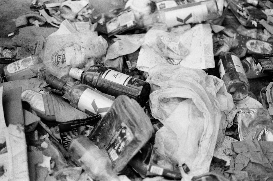 A black cylindrical public waste bin made of metal with a domed lid, positioned on a cobbled street. The bin is topped with scattered rubbish including plastic cups with remaining beverages, a crumpled paper bag, and a discarded cardboard box. The area around the base of the bin is cluttered with empty glass bottles, some with labels still attached, along with crumpled paper and other small debris. In the background, a slightly blurred street scene features parked cars, a grey trash receptacle, and pedestrians walking on the street. The overall scene suggests an outdoor urban environment where littering has occurred, highlighting the importance of effective rubbish collection services such as those provided by Rubbish Collection Hounslow for proper waste disposal and environmental cleanliness.